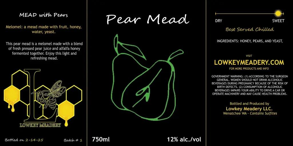 2025 Still - Sweet - Melomel - Pear Mead - 12% - 750ml Bottle