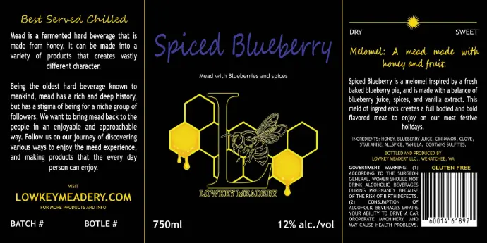 2025 Still - Semi Sweet - Melomel - Spiced Blueberry - 12% - 750ml Bottle