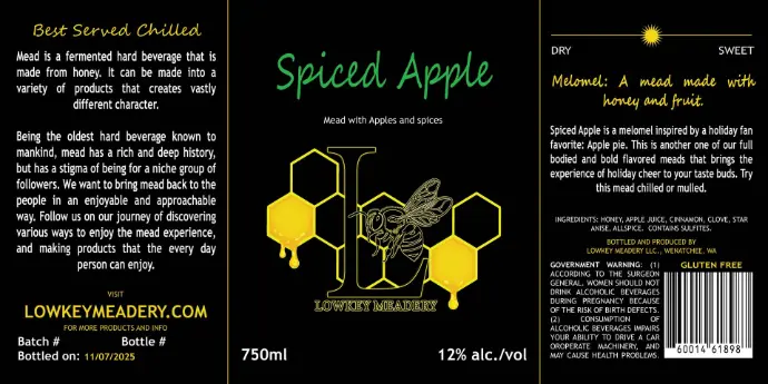 2025 Still - Semi Sweet - Cyser - Spiced Apple - 12% - 750ml Bottle