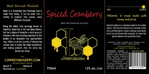 2025 Still - Sweet - Melomel - Spiced Cranberry - 12% - 750ml Bottle